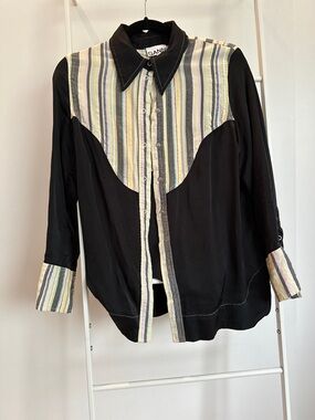 Ganni Black Button-Down Shirt with Pastel Multicolor Stripe Yoke